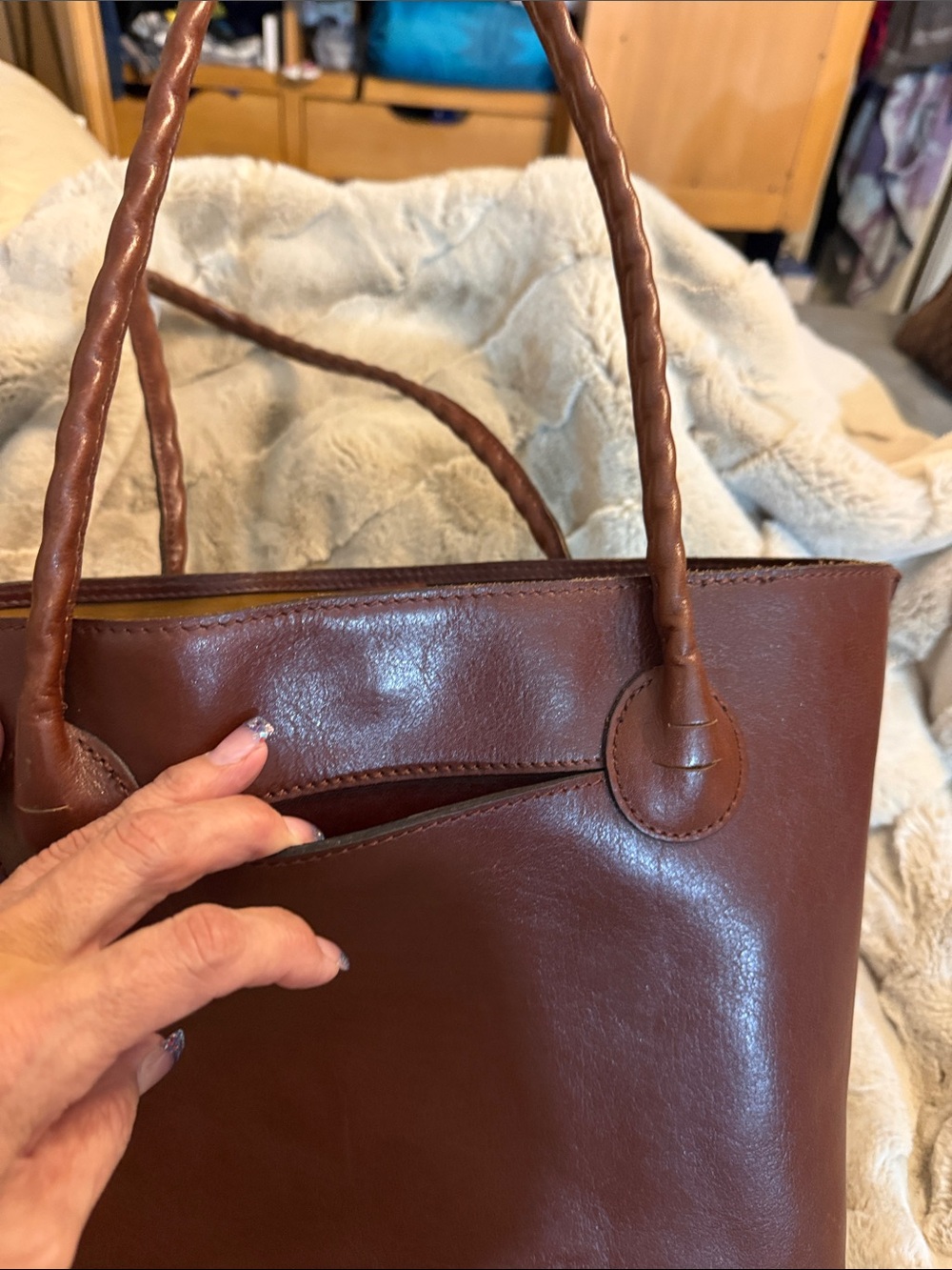 Rare Patricia Nash Rich Brown Leather Tote with Braided Strap Accent - Picture 7 of 8